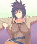  1girl belt black_hair breasts brown_eyes candy collarbone couch covered_navel eating fishnets food from_above hair_between_eyes headband highres holding holding_food inkerton-kun jacket jewelry large_breasts lips lollipop looking_at_viewer looking_to_the_side mitarashi_anko multiple_belts naruto naruto_(series) necklace nipples open_mouth ponytail sitting skirt solo 