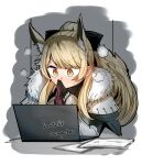  1girl animal_ears arknights black_bow black_gloves blemishine_(arknights) blonde_hair blush bow computer extra_ears fur-trimmed_armor gin_moku gloves grey_background hair_bow hands_up highres horse_ears horse_girl laptop long_hair own_hands_together pink_gloves ponytail sidelocks simple_background solo sweat sweating_profusely two-tone_gloves upper_body v-shaped_eyebrows yellow_eyes 