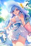  1girl :d absurdres bare_shoulders belt blue_hair blue_ribbon breasts cleavage cowboy_shot day dress emori_miku emori_miku_project flower frilled_dress frills hat hat_flower highres holding kat_(bu-kunn) long_hair looking_at_viewer open_mouth outdoors purple_eyes ribbon sleeveless sleeveless_dress smile solo standing straw_hat sunflower sunlight white_dress white_headwear 