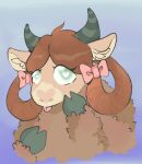  &lt;3 &lt;3_eyes anthro blue_background bovid bovine bow_accessory brown_body brown_fur brown_wool ears_down female fur gradient gradient_background green_hooves green_horn hand_to_face heart_(marking) hooves horn inner_ear_fluff looking_at_viewer mammal pink_bow pivoted_ears simple_background solo tongue tongue_out tuft white_inner_ear_fluff wool_(fur) xxpansyxx yak yona_yak_(mlp) 