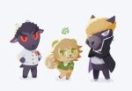  3boys :3 animal_crossing animal_ears bangs black_jacket brown_hair buttons crossover danganronpa:_trigger_happy_havoc danganronpa_(series) fujisaki_chihiro full_body goat_boy goat_ears goat_horns goat_tail green_jacket green_ribbon grey_background grey_shirt highres horns horse_boy horse_ears ishimaru_kiyotaka jacket leaf multiple_boys neck_ribbon oowada_mondo open_clothes open_jacket orange_hair pompadour red_eyes ribbon shirt short_hair simple_background smile squirrel_boy squirrel_ears squirrel_tail standing tail tsuna_(tuna1440) v-shaped_eyebrows white_jacket 