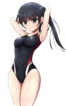  1girl agatsuma_kaede alice_gear_aegis armpits arms_behind_head black_hair black_swimsuit breasts clothes_writing covered_navel cowboy_shot grey_eyes highres long_hair medium_breasts multicolored_clothes multicolored_swimsuit nontemu ponytail presenting_armpit simple_background solo swimsuit wet wet_clothes wet_swimsuit white_background 