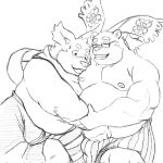  2022 anthro belly big_belly blush bulge canid canine canis clothing cu_sith_(tas) domestic_dog duo eyes_closed eyewear glasses gomdepp hi_res kemono leib_(tas) lifewonders male male/male mammal moobs nipples overweight overweight_male polar_bear scarf tokyo_afterschool_summoners underwear ursid ursine video_games 