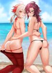  2boys ass ass_grab bare_shoulders barefoot bikini bulge butt_crack come_hither crossdressing deep_skin from_behind genshin_impact green_eyes kaedehara_kazuha kneeling long_hair looking_at_viewer looking_back low_ponytail male_focus micro_bikini multicolored_hair multiple_boys naughty_face ocean ojisan_nyan otoko_no_ko pantyhose red_eyes red_hair shikanoin_heizou shiny shiny_hair shiny_skin smile swimsuit thong thong_bikini water wet wet_hair wet_skin white_hair 