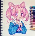  1girl :3 absurdres anny_(yoai) arms_up artist_name bangs bishoujo_senshi_sailor_moon blush bunny_hair_ornament cardigan character_request choker collarbone colored_pencil colored_pencil_(medium) cone_hair_bun crescent crescent_facial_mark dot_nose earrings facial_mark hair_bun hair_intakes hair_ornament heart heart_choker highres instagram_username jewelry looking_at_viewer medium_hair neckerchief off_shoulder open_mouth parted_bangs pencil photo_(medium) purple_cardigan purple_eyes purple_hair sailor_collar school_uniform serafuku shirt sidelocks sideways_glance solo stud_earrings tongue traditional_media twintails upper_body white_sailor_collar white_shirt yellow_choker 