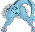  absurd_res anus blue_body bodily_fluids brick_wall butt digitigrade eeveelution english_text female feral genital_fluids genitals hi_res kabeshiri mmquest nintendo pawpads paws pink_pawpads pok&eacute;mon pok&eacute;mon_(species) pussy pussy_juice pussy_juice_string rear_view shaded simple_background solo text through_wall vaporeon video_games wall_(structure) white_background 