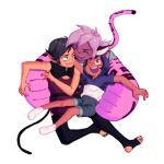  3girls animal_ears animal_hood cat_ears cat_girl cat_hood cat_tail catra closed_eyes crossover highres hood hug kipo_and_the_age_of_wonderbeasts kipo_oak luz_noceda multiple_girls one_eye_closed open_mouth pink_hair she-ra_and_the_princesses_of_power short_hair sotanghonn tail the_owl_house upper_body white_footwear 