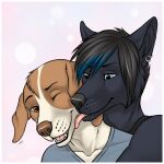  airam anthro black_body black_fur black_hair black_nose blue_eyes brown_eyes brown_nose canid canine canis clothing domestic_dog duo ear_piercing ear_ring embrace face_lick fur gaikotsu hair highlights_(coloring) licking male male/male mammal one_eye_closed open_mouth piercing ring_piercing romantic romantic_couple shirt smile tan_body tan_fur tauski tongue tongue_out topwear twitching_ear v-neck wolf 