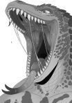  absurd_res ambiguous_gender anthro bodily_fluids dripping duo forked_tongue front_view glistening glistening_eyes greyscale hi_res imperatorcaesar male monochrome mouth_shot open_mouth saliva saliva_drip saliva_on_tongue saliva_string sharp_teeth simple_background teeth tongue tongue_out 