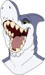  absurd_res anthro bust_portrait fin fish gills grey_body half-closed_eyes head_fin hi_res imperatorcaesar male marine mouth_shot narrowed_eyes open_mouth portrait red_tongue shark simple_background solo tan_teeth tongue white_background white_body 