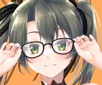  1girl adjusting_eyewear bespectacled black-framed_eyewear blush close-up contemporary dark_green_hair glasses green_eyes kantai_collection long_hair looking_at_viewer minakami_nagara portrait smile solo twintails zuikaku_(kancolle) 