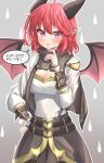  1girl ahoge blush breasts demon_girl guardian_tales hand_on_hip horns korean_text looking_at_viewer medium_breasts open_mouth pikandong pink_eyes pointy_ears red_hair red_wings simple_background solo speech_bubble succubus_adventurer_yuze wings 