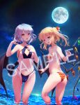  2girls alternate_costume ass bat_wings beach bikini blonde_hair blue_bikini blue_hair breasts collarbone crystal fangs flandre_scarlet frilled_bikini frills full_moon highres looking_at_viewer medium_hair moon multiple_girls navel night no_headwear ocean one_side_up ouma_tokiichi outdoors red_bikini remilia_scarlet revision sample_watermark small_breasts striped striped_bikini swimsuit touhou white_bikini wings yellow_bikini 