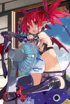  1girl black_gloves black_thighhighs blue_sky cloud day demon_girl demon_tail demon_wings disgaea earrings elbow_gloves electric_fan etna gloves highres hot jewelry looking_at_viewer makai_senki_disgaea miniskirt miyakawa106 pointy_ears prinny red_eyes red_hair skindentation skinny skirt skull_earrings sky slit_pupils solo sweat tail thighhighs twintails wings 