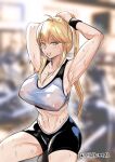  1girl absurdres armband armpits arms_up artoria_pendragon_(fate) artoria_pendragon_(lancer)_(fate) bangs blonde_hair blurry blurry_background blush breasts covered_nipples exercise_bike fate/grand_order fate_(series) green_eyes gym hair_tie hair_tie_in_mouth highres large_breasts looking_at_viewer mouth_hold ponytail sakiyume11 shorts sidelocks signature sitting sports_bra sportswear stomach sweat thighs toned tying_hair wet 
