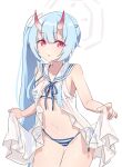  absurdres alternate_costume bikini blue_archive chise_(blue_archive) collarbone commentary_request flower goyain hair_between_eyes hair_flower hair_ornament halo highres horns looking_at_viewer navel oni_horns red_eyes side_ponytail simple_background swimsuit white_background 