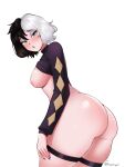  absurdres bent_over black_hair breasts fraankyy from_side green_eyes green_lips highres lipstick looking_at_viewer makeup nail_polish nipples open original sweater thick_thighs thighs turtleneck white_hair wide_hips yorra_villeneuve 