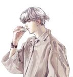  1boy arm_at_side bangs character_request closed_eyes collared_shirt cup drinking eyelashes from_side half_updo hand_up highres holding holding_cup light_and_night_love long_sleeves male_focus natsuhiro pajamas parted_lips ponytail profile shirt short_hair simple_background solo upper_body watch white_background white_hair wide_sleeves wristwatch 