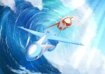  absurdres commentary_request day flying hatoro_kuroyoshi highres latias latios light_rays no_humans ocean outdoors pokemon pokemon_(creature) sky water waves yellow_eyes 