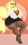  anthro arcanine bedroom_eyes big_breasts blonde_hair blue_eyes breasts cleavage clothed clothing curvy_figure female fur hair hi_res high_heels huge_breasts inner_ear_fluff legwear multicolored_body multicolored_fur narrowed_eyes nintendo nipple_outline office_lady orange_body pantyhose pok&eacute;mon pok&eacute;mon_(species) seductive sitting smile smiling_at_viewer solo suit sweet_chubbs thick_thighs tuft two_tone_body two_tone_fur video_games voluptuous wide_hips yellow_body yellow_fur 