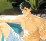  1boy abs bara black_hair blurry blurry_background day eyebrow_cut highres large_pectorals male_focus male_swimwear muscular muscular_male navel nipples original outdoors pectorals short_hair smile solo tai_(tai_xwxy) teeth topless_male white_male_swimwear yellow_eyes 