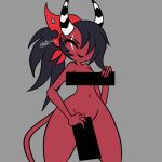  2022 bandanna black_hair bluejr censor_bar censored crotch_lines demon female grey_background hair hair_over_eye helluva_boss horn humanoid imp implied_penis kerchief not_furry one_eye_closed one_eye_obstructed red_body red_skin sallie_may_(helluva_boss) simple_background solo trans_(lore) trans_woman_(lore) wink 