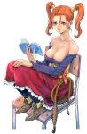  1girl absurdres bare_shoulders black_pantyhose blue_shirt book boots breasts brown_eyes chair cleavage collarbone detached_sleeves dragon_quest dragon_quest_viii earrings full_body hand_on_own_knee highres holding holding_book jessica_albert jewelry large_breasts lasso long_hair long_skirt long_sleeves looking_at_viewer orange_hair pantyhose red_skirt shiren_(ourboy83) shirt sitting skirt solo strapless strapless_shirt twintails white_background 