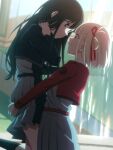  2girls :d adjusting_hair black_hair blonde_hair cowboy_shot dress feet_out_of_frame hair_ribbon highres hug inoue_takina long_hair looking_at_another lycoris_recoil multiple_girls nishikigi_chisato purple_eyes red_eyes red_ribbon ribbon school_uniform short_hair smile spray two-tone_dress un403lucky white_hair yuri 