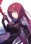  armor bodysuit breasts coffeekite fate/grand_order fate_(series) gae_bolg_(fate) highres large_breasts leotard long_hair pauldrons polearm purple_bodysuit purple_hair purple_leotard red_eyes scathach_(fate) shoulder_armor spear very_long_hair weapon 