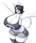  2022 anthro big_breasts black_clothing black_hair black_legwear black_nose black_shirt black_tank_top black_topwear blue_eyes blush blush_stickers bottomwear breasts canid canine canis chain chest_tuft cleavage clothed clothing collar cutoffs denim denim_clothing domestic_dog dotil ear_piercing ear_ring eyelashes fangs female grey_bottomwear grey_clothing grey_shorts hair hair_over_eye hi_res huge_breasts inner_ear_fluff legwear looking_at_viewer maggie_applebee mammal midriff one_eye_obstructed open_mouth open_smile piercing ring_piercing shirt short_hair shorts simple_background smile solo spiked_collar spikes tank_top teeth thick_thighs tongue topwear tuft white_background 
