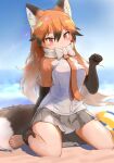  1girl animal_ears bare_legs barefoot beach black_gloves bow bowtie brown_hair commentary_request elbow_gloves extra_ears fox_ears fox_girl fox_tail gloves grey_skirt hair_between_eyes highres kemono_friends koutsuu_(koutuukanseikan) long_hair looking_at_viewer multicolored_hair necktie ocean orange_eyes orange_hair orange_necktie orange_shirt paw_pose pleated_skirt red_fox_(kemono_friends) sand shirt short_sleeves sitting skirt solo t-shirt tail wariza white_bow white_bowtie white_shirt 