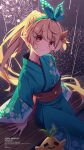  1girl alternate_costume artist_name blonde_hair blue_kimono breasts brown_eyes commentary fairy fireworks floral_print hair_ornament highres japanese_clothes kimono kuro-kun_(nablack) long_hair looking_at_viewer nijisanji nijisanji_en pointy_ears pomu_rainpuff pomudachi_(pomu_rainpuff) ponytail ribbon sash small_breasts smile virtual_youtuber x_hair_ornament 