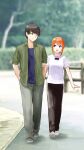  1boy 1girl :d absurdres bangs black_hair black_pants blue_eyes blue_shirt blurry blurry_background casual closed_mouth commentary_request full_body go-toubun_no_hanayome green_footwear green_jacket green_pants hands_in_pocket highres holding_another&#039;s_arm ishiyuki jacket looking_at_another medium_hair nakano_yotsuba open_clothes open_jacket orange_hair outdoors pants revision shirt shoes short_hair short_sleeves smile uesugi_fuutarou walking white_footwear white_shirt 