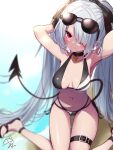  1girl amagasa_nadame armpits arms_behind_head arms_up bare_shoulders bikini black_bikini black_bow black_footwear blue_archive blurry blurry_background blush bow breasts closed_mouth commentary_request depth_of_field grey_hair hair_bow hair_over_one_eye highres iori_(blue_archive) iori_(swimsuit)_(blue_archive) long_hair looking_at_viewer medium_breasts navel pointy_ears red_eyes sandals sitting solo star_(symbol) sunglasses swimsuit tail twintails very_long_hair wariza 