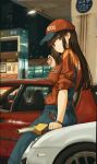  1girl arm_up baseball_cap brown_eyes brown_hair car food from_side gas_pump gas_pump_nozzle gas_station ground_vehicle hat highres jumpsuit long_hair looking_at_viewer motor_vehicle original pocky product_placement red_shirt sawkm shirt sitting sitting_on_car 