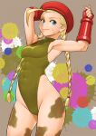  1girl abs ahoge armpits beret blonde_hair blue_eyes bodypaint braid breasts cammy_white cowboy_shot fingerless_gloves gloves green_leotard hat highleg highleg_leotard highres huge_ahoge leotard long_hair muscular muscular_female paint_splatter red_gloves red_headwear shigenobu small_breasts smile solo standing street_fighter street_fighter_ii_(series) twin_braids 