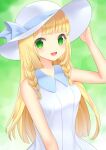  1girl :d bangs banned_artist blonde_hair blue_ribbon blunt_bangs braid collared_dress commentary_request dress green_eyes hand_on_headwear hand_up hat hat_ribbon highres lillie_(pokemon) long_hair open_mouth pokemon pokemon_(game) pokemon_sm ribbon sleeveless sleeveless_dress smile solo sun_hat takahara tongue twin_braids upper_body white_dress white_headwear 