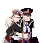  2boys black_coat black_headwear blue_necktie brothers closed_mouth coat collared_shirt dress_shirt emmet_(pokemon) gloves grey_eyes grey_hair hat high_collar hug hug_from_behind ingo_(pokemon) jaho long_sideburns long_sleeves male_focus multiple_boys necktie peaked_cap pokemon pokemon_(game) pokemon_bw shirt short_hair siblings sideburns smile trench_coat white_background white_coat white_gloves white_headwear white_shirt 