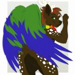  absurd_res anthro antlers bandanna border brown_hair butt butt_focus clothing digital_media_(artwork) feathered_wings feathers hair hi_res highlights_(coloring) horn kerchief kwik_(artist) lgbt_pride looking_at_viewer looking_back male mostly_nude perry_(knotfunny) peryton pinup pose pride_color_accessory pride_color_clothing pride_colors red_highlights signature solo tail_feathers wings 