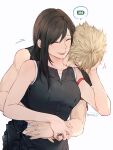  1boy 1girl apron arm_ribbon bare_shoulders black_hair blonde_hair breasts closed_eyes cloud_strife couple crop_top final_fantasy final_fantasy_vii final_fantasy_vii_advent_children hand_on_another&#039;s_head highres hug hug_from_behind jewelry long_hair maiii_(smaii_i) ribbon ring simple_background sleeveless spiked_hair tank_top tifa_lockhart upper_body waist_apron 