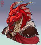  absurd_res amber_eyes anthro armor cloak clothed clothing draconid dragon frill_(anatomy) headshot_portrait hi_res horn kaoskii looking_at_viewer male mammal muscular portrait rasvarax red_body red_scales scales scalie simple_background smile solo teeth 