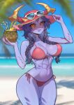  abs animal_humanoid athletic athletic_humanoid beach belly beverage big_breasts bikini bra braided_hair breasts clothed_female clothing curvy_figure dragon dragon_humanoid female hair hat headgear headwear hi_res horn humanoid league_of_legends lips long_hair looking_at_viewer midriff muscular muscular_humanoid navel pigtails pineapple_drink purple_body purple_hair purple_lips purple_skin riot_games seaside shyvana side-tie_bikini solo standing strongbana swimwear twin_braids umbrella_drink underwear video_games wide_hips yellow_eyes 