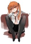  1girl :3 black_bow black_skirt bow closed_mouth collarbone collared_shirt dokomon dress_shirt full_body girls&#039;_frontline hair_bow head_tilt knees_up long_hair no_shoes open_clothes open_shirt orange_eyes orange_hair pantyhose pleated_skirt shaded_face shirt simple_background sitting sketch skirt smile solo twintails ump9_(girls&#039;_frontline) white_background white_shirt 