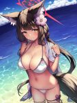  1girl animal_ear_fluff animal_ears bikini black_hair blue_archive breasts cape caustics cleavage closed_mouth collarbone day flower fox_ears fox_girl fox_tail hair_flower hair_ornament halo halter_top halterneck hands_up highres large_breasts long_hair looking_at_viewer low_twintails navel ocean outdoors ryuinu smile solo standing stomach strap_gap string_bikini swimsuit tail thighs twintails very_long_hair wading wakamo_(blue_archive) wakamo_(swimsuit)_(blue_archive) water white_bikini yellow_eyes 