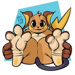  3_toes abstract_background alpha_channel big_ears big_eyes big_feet blush body_blush brown_eyes dogeoisie feet foot_blush foot_focus fur hand_on_foot hi_res knees_pulled_up looking_at_viewer male nintendo open_mouth open_smile pawpads paws pok&eacute;mon pok&eacute;mon_(species) presenting raichu simple_background slightly_chubby smile soles solo spread_toes toe_curl toes transparent_background video_games 