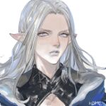  1girl artist_name blue_eyes close-up commentary elezen elf expressionless final_fantasy final_fantasy_xiv frischenq grey_hair grey_lips long_hair looking_at_viewer pointy_ears portrait signature simple_background solo white_background ysayle_dangoulain 