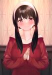  1girl bangs bare_shoulders black_hair breasts hairband highres large_breasts long_hair long_sleeves looking_at_viewer off-shoulder_sweater off_shoulder red_eyes red_sweater sabi1234 sidelocks smile solo spy_x_family sweater yor_briar 