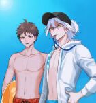  2boys ahoge artist_name bangs black_headwear blue_background blue_male_swimwear boleum_(dgrpluna) brown_hair collarbone danganronpa_(series) danganronpa_2:_goodbye_despair danganronpa_s:_ultimate_summer_camp day grey_hair hand_on_hip highres hinata_hajime holding hood hood_down hooded_jacket jacket komaeda_nagito male_focus male_swimwear medium_hair mouth_hold multiple_boys navel official_alternate_costume open_clothes open_jacket outdoors ponytail red_male_swimwear short_hair topless_male white_jacket 