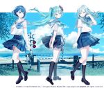  1girl arms_behind_back bangs beach black_footwear blue_eyes blue_hair blue_neckerchief blue_skirt closed_mouth commentary_request hair_between_eyes hand_up hatsune_miku horizon loafers long_hair looking_at_viewer looking_away looking_to_the_side misumi_(macaroni) more_more_jump!_(project_sekai) multiple_views neckerchief ocean parted_lips pleated_skirt project_sekai railroad_crossing railroad_tracks sailor_collar sand school_uniform serafuku shirt shoes short_hair short_sleeves skirt smile socks twintails very_long_hair water white_sailor_collar white_shirt 