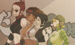  5girls bis_(jsr) black_hair blonde_hair breasts brown_hair bubble_blowing cleavage clenched_teeth cube_(jsr) dark-skinned_female dark_skin fur_collar goggles goggles_on_head graffiti gum_(jsr) headphones jet_set_radio large_breasts love_shockers medium_breasts midriff multiple_girls navel piranha_(jsr) red_hair short_hair teeth tyrone 